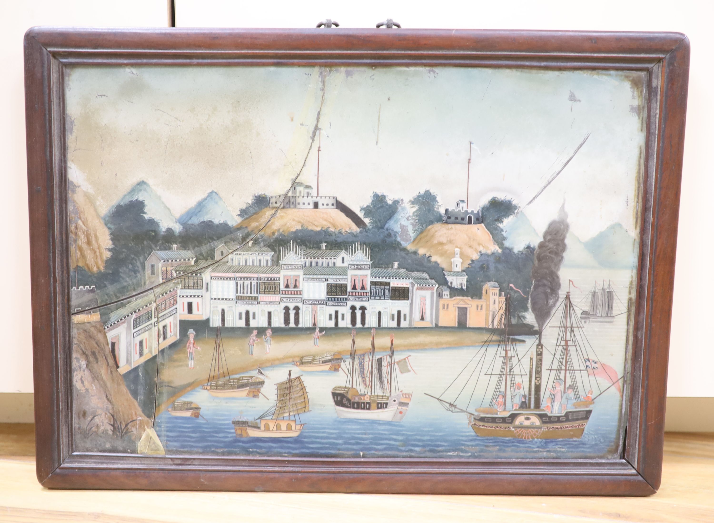 A Chinese reverse painting on glass of Macau harbour, mid 19th century, 34 x 49cm excluding frame